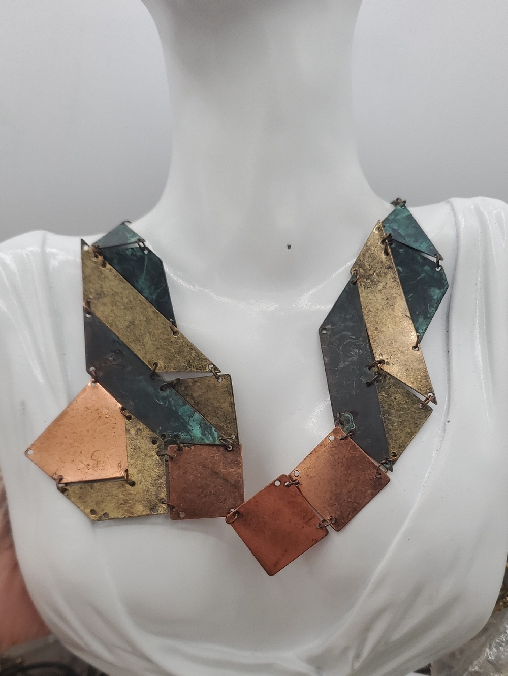 Statement Geometric Mixed-Metal Necklace in Copper & Patina 22 Inch N0537
